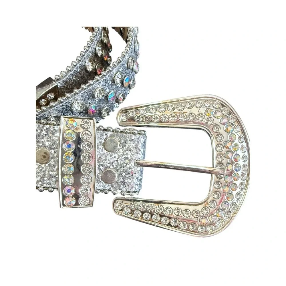 Silver Glitter Rhinestone Western Belt AB Crystal Bling Studded Y2K Glam 43